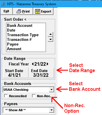 Print Transaction Register Options