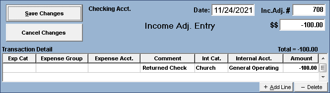 Returned Check Income Adjustment Entry