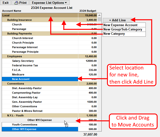 Expense Account Setup Screen