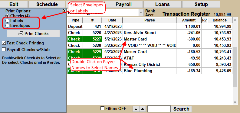 Select payees to print envelopes or labels
