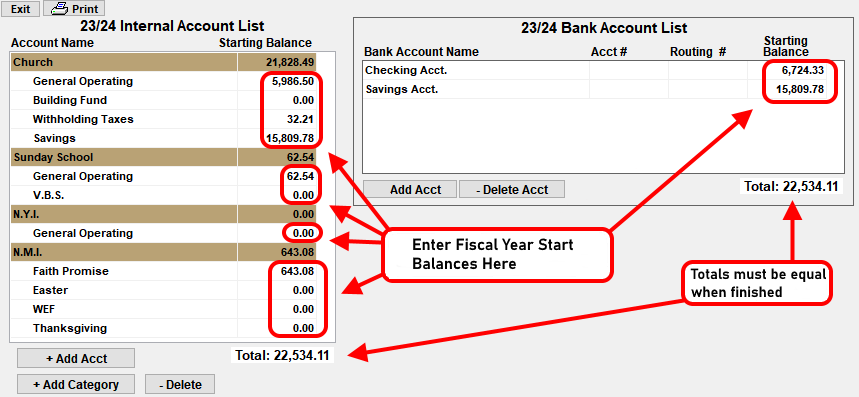 Bank and Internal Account Setup Screen