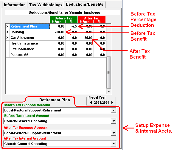 Employee Deduction and Benefit Setup screen