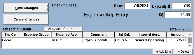 Expense Adjustment for pastors payroll contribution
