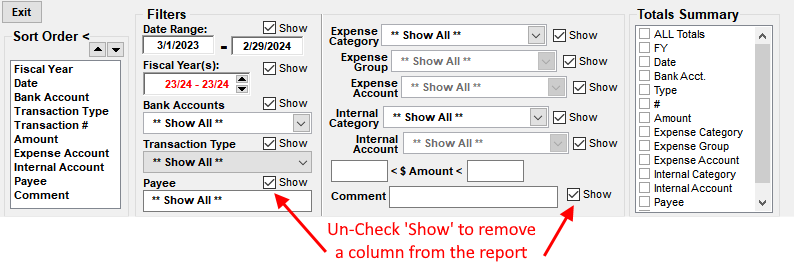 Remove columns from report
